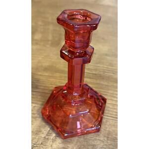 Ruby Red Glass Candlestick Holder 6” Vintage